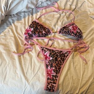 Leopard Print Bikini with Pink Floral Trim